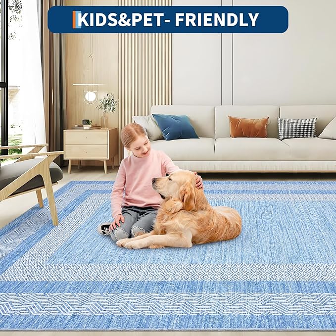 GarveeHome Small Bedroom Area Rug 3x5 Bordered Area Rug for Living Room Nursery Non Slip Kitchen Throw Carpet Low Pile Modern Rugs Washable Bathroom Mat Soft Rugs for Laundry, Light Blue