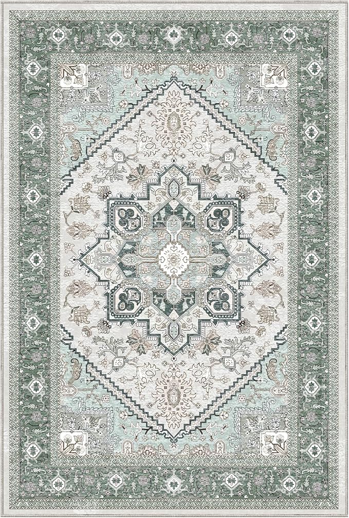 OPPODREAM Soft 6x9 Area Rugs, Washable Rug 6x9 with Non Slip Backing, Faux Cashmere Low-Pile 6 x 9 Carpet, Green