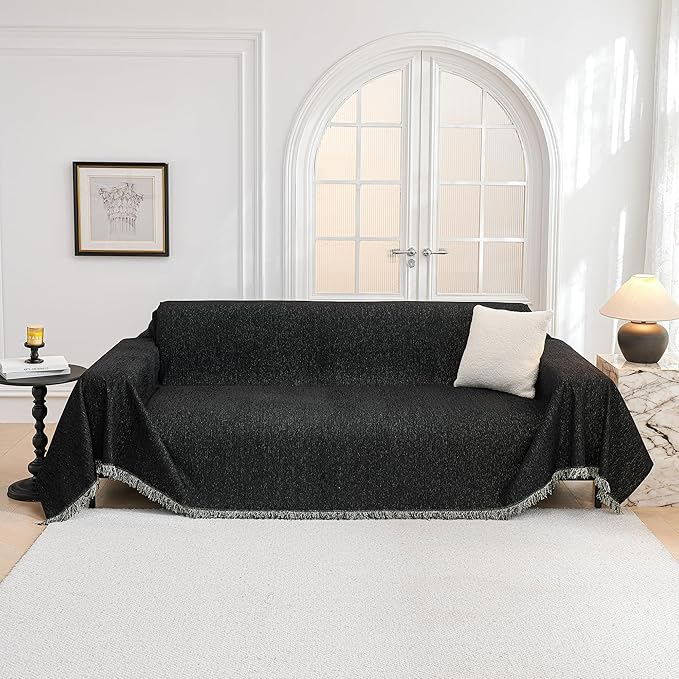 MYSKY HOME Couch Cover for Dogs Washable Couch Covers for 3 Cushion Couch Sofa Super Soft Sofa Slipcover Non Slip Sofa Cover, Chenille Sofa Covers for Dogs, Furniture Protector, 71"x150", Black