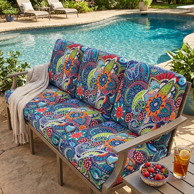 hyha Printed Couch Cushion Covers, Floral Sofa Covers Washable for 3 Cushion Couch, Stretch Pattern Outdoor Cushion Covers for Patio Furniture with Elastic Bottom(3 Packs, Paisley)