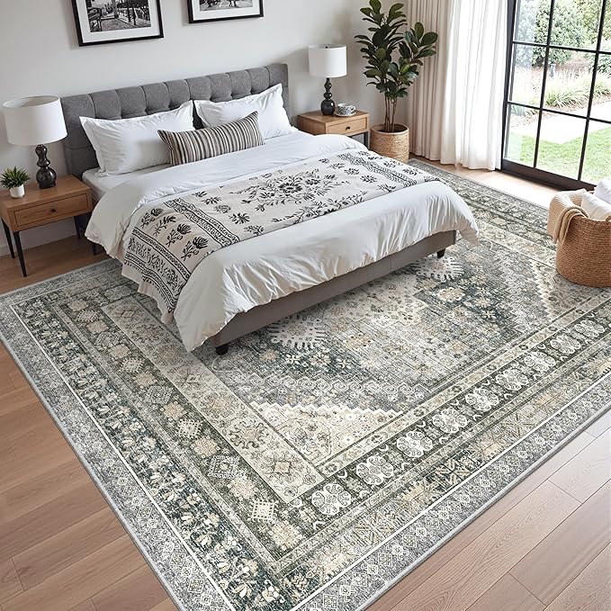 zesthome 8x10 Area Rugs for Living Room,Non-Slip Backing Washable Rugs,Vintage Large Area Rug,Stain Resistant Home Decor Rug (Wheat/Charcoal,8'x10')