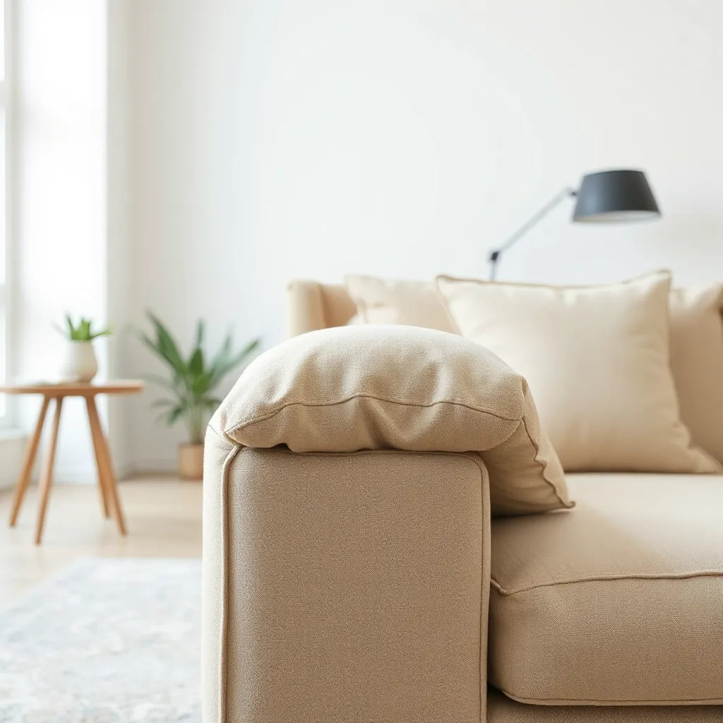Modern sofa with a neatly fitted armrest cover in a clean, neutral fabric