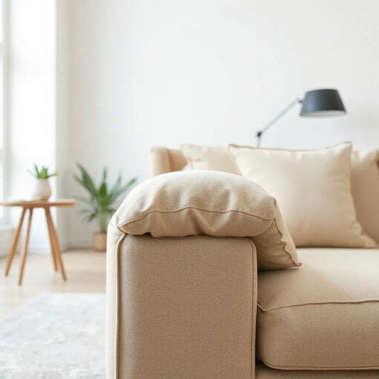 Modern sofa with a neatly fitted armrest cover in a clean, neutral fabric