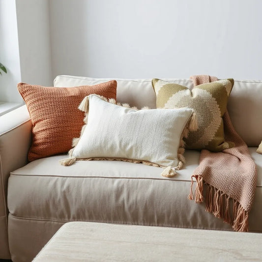 Textured modern boho pillow covers layered on a neutral sofa with natural light