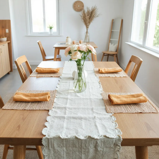 A wooden dining table styled with a runner, textured placemats, and coordinated napkins in natural light