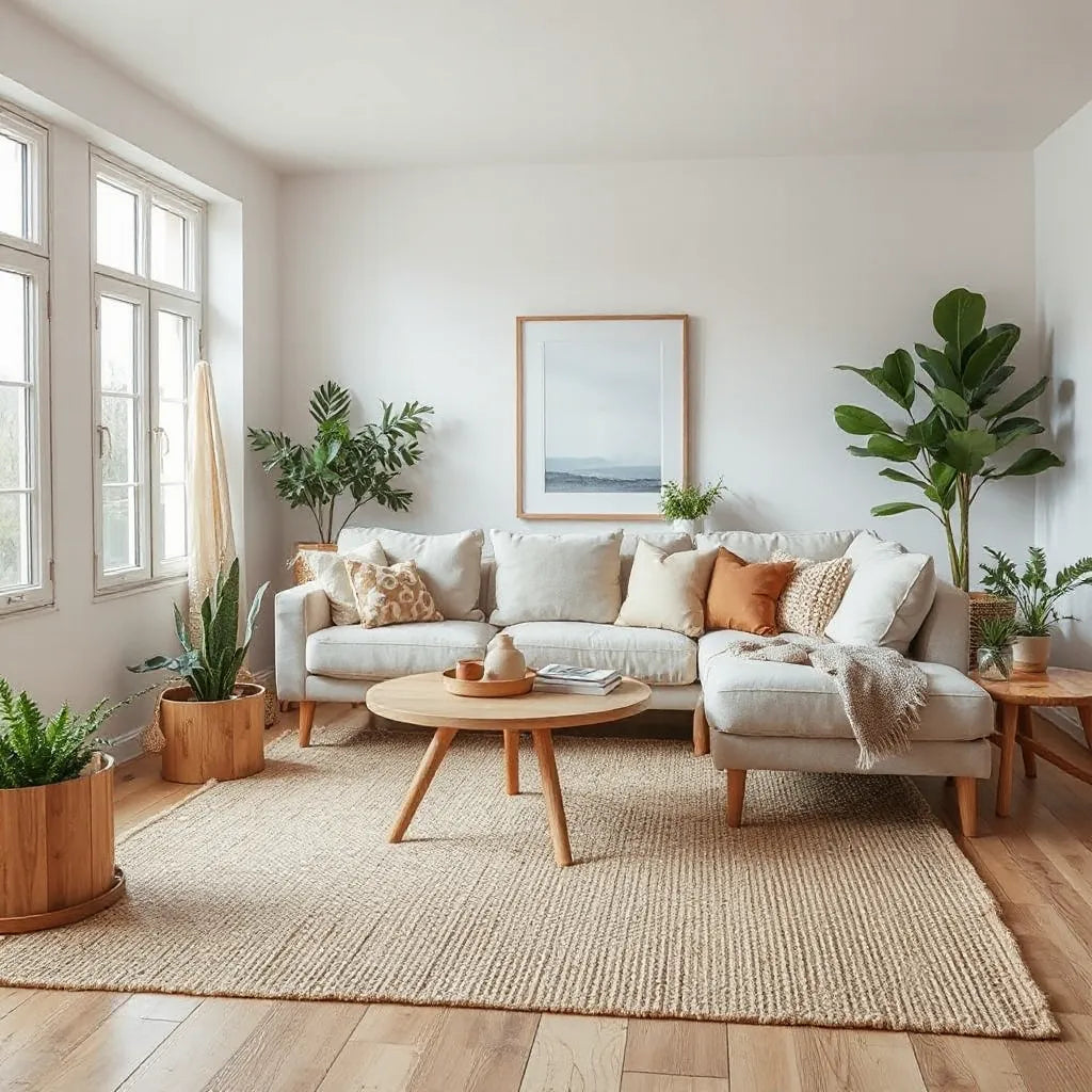 Bright living room with natural wood furniture, linen upholstery, indoor plants, and neutral sustainable decor