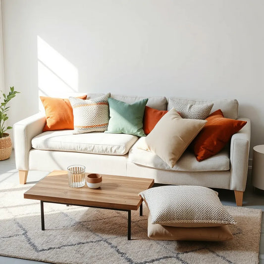 Neatly styled sofa with decorative cushions in mixed colors and textures in a bright living room
