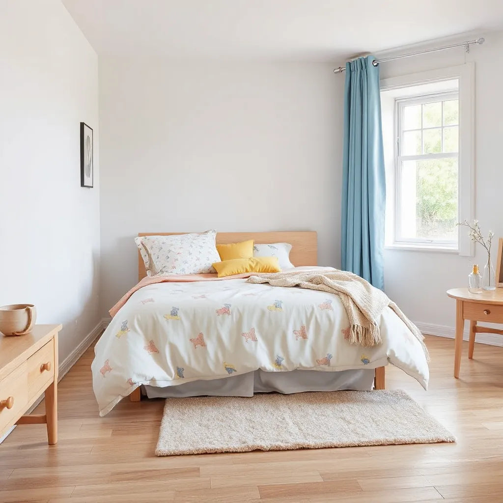 Twin bed styled with soft, colorful textiles and a patterned rug in a bright kids bedroom