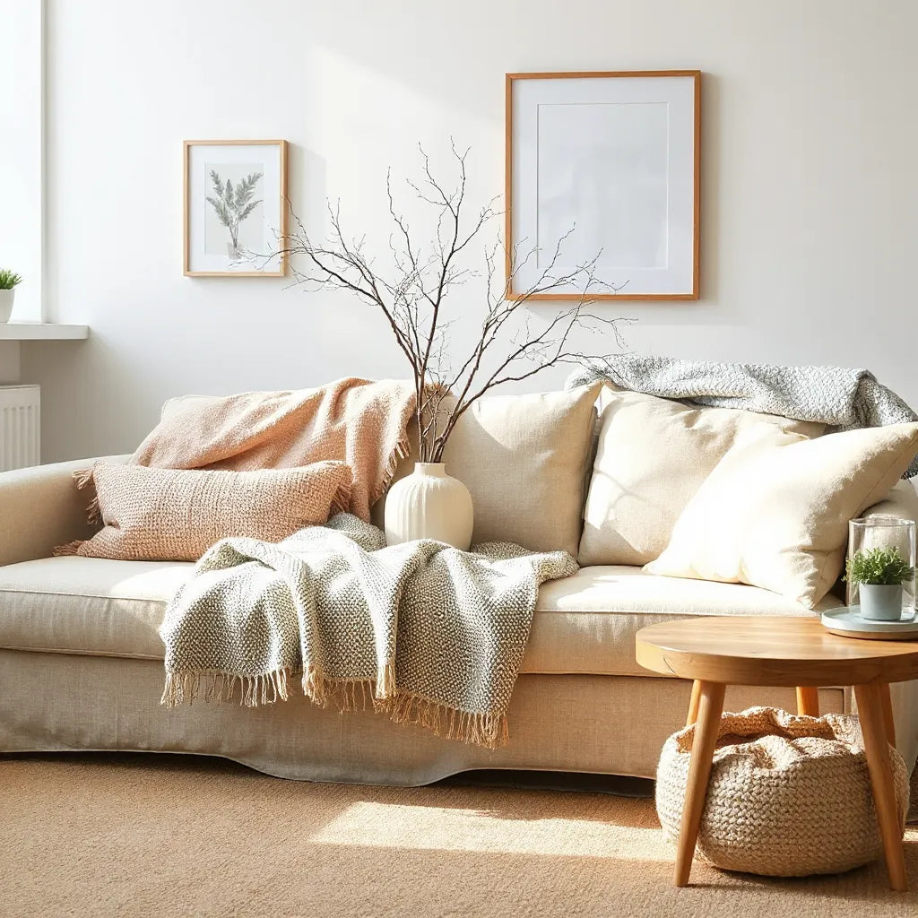 Neutral living room styling with ceramic vase, textured cushions, and modern framed wall art