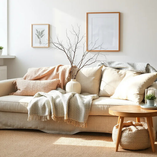 Neutral living room styling with ceramic vase, textured cushions, and modern framed wall art