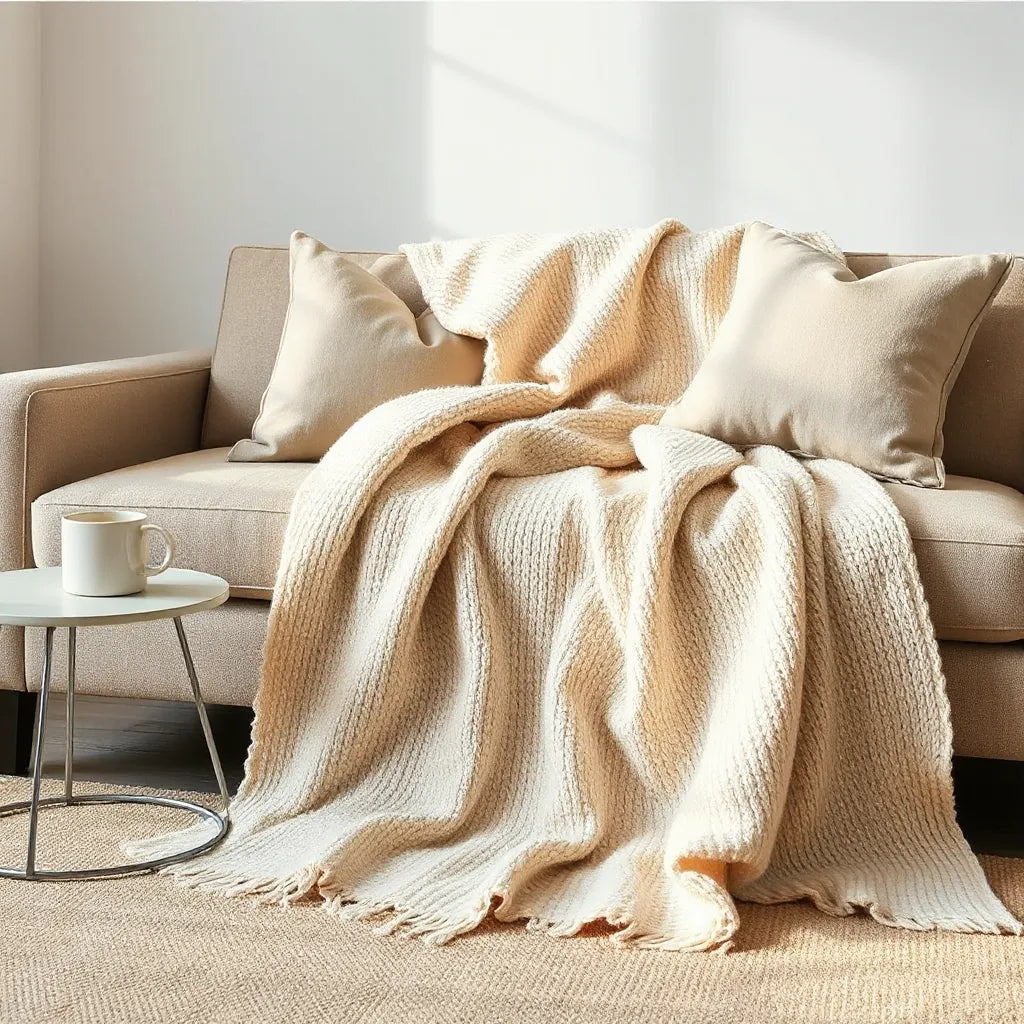 Warm knit throw blanket draped on a sofa with soft pillows in a cozy living room