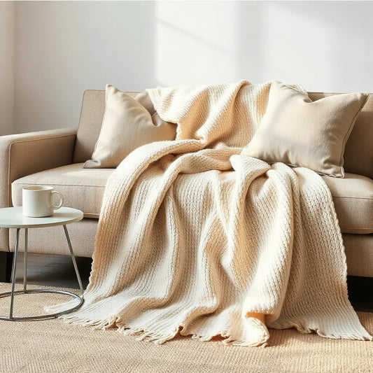 Warm knit throw blanket draped on a sofa with soft pillows in a cozy living room