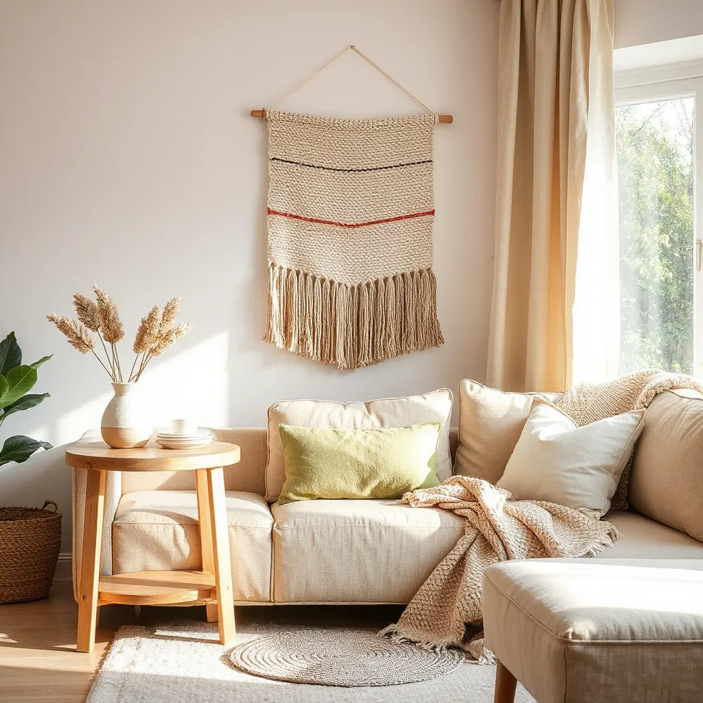 Cozy living room with handmade woven wall decor, ceramic vases, and a textured throw blanket