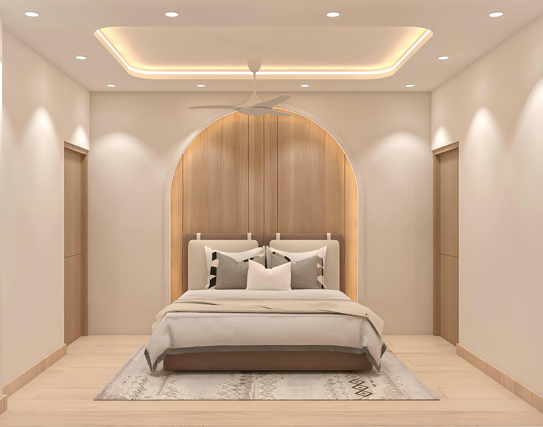 A modern bedroom with a stylish, neutral aesthetic