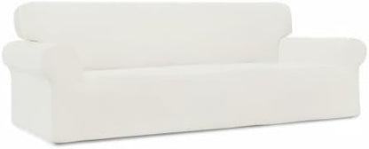 Easy-Going Stretch 4 Seater Sofa Slipcover 1-Piece Sofa Cover Furniture Protector Couch Soft with Elastic Bottom for Kids, Polyester Spandex Jacquard Fabric Small Checks Cream
