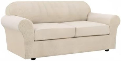 H.VERSAILTEX 3 Piece Stretch Sofa Covers for 2 Cushion Sofa Couch Covers for Living Room Sofa Slipcovers (Base Cover Plus 2 Seat Cushion Covers) Thicker Jacquard Fabric(Large Sofa, Natural)