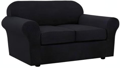 H.VERSAILTEX 3 Piece Stretch Sofa Covers for 2 Cushion Loveseat Couch Covers for Living Room Furniture Cover (Base Cover Plus 2 Seat Cushion Covers) Thicker Jacquard Fabric(Medium Sofa, Black)
