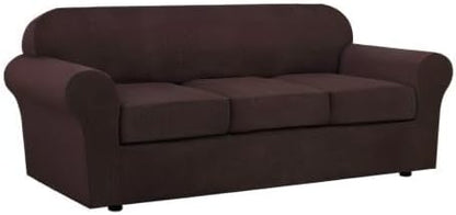 H.VERSAILTEX 4 Piece Stretch Sofa Covers for 3 Cushion Couch Covers for Living Room Furniture Slipcovers (Base Cover Plus 3 Seat Cushion Covers) Upgraded Thicker Jacquard Fabric (Sofa, Chocolate)