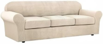 4 Piece Stretch Sofa Covers for 3 Cushion Couch Covers Furniture Slipcovers for Living Room (1 Base Cover Plus 3 Seat Cushion Covers) Thicker Jacquard Fabric Cover (XL Sofa, Natural)