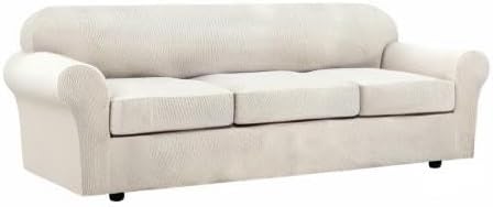H.VERSAILTEX 4 Piece Stretch Sofa Covers for 3 Cushion Couch Covers for Living Room Furniture Slipcovers (Base Cover Plus 3 Seat Cushion Covers) Upgraded Thicker Jacquard Fabric (XL Sofa, Ivory)