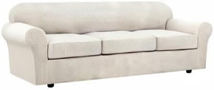 H.VERSAILTEX 4 Piece Stretch Sofa Covers for 3 Cushion Couch Covers for Living Room Furniture Slipcovers (Base Cover Plus 3 Seat Cushion Covers) Upgraded Thicker Jacquard Fabric (XL Sofa, Ivory)