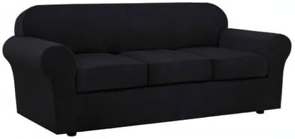 H.VERSAILTEX 4 Piece Stretch Sofa Covers for 3 Cushion Couch Covers for Living Room Furniture Slipcovers (Base Cover Plus 3 Seat Cushion Covers) Upgraded Thicker Jacquard Fabric (Large, Black)