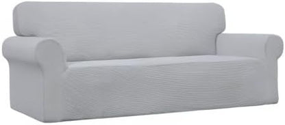 Easy-Going Stretch Oversized Sofa Slipcover 1-Piece Sofa Cover Furniture Protector Couch Soft with Elastic Bottom for Kids, Polyester Spandex Jacquard Fabric Small Checks Silver Gray