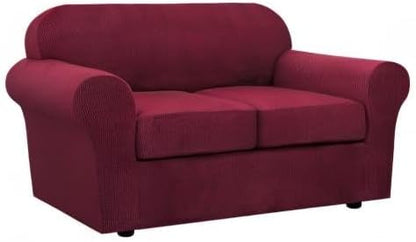H.VERSAILTEX 3 Piece Stretch Sofa Covers for 2 Cushion Loveseat Couch Covers for Living Room Furniture Cover (Base Cover Plus 2 Seat Cushion Covers) Thicker Jacquard Fabric(Medium Sofa, Burgundy)