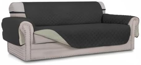 Easy-Going 4 Seater Sofa Slipcover Reversible Sofa Cover Water Resistant Couch Cover with Foam Sticks Elastic Straps Furniture Protector for Pets Children Dog Cat (XX-Large, Darkgray/Beige)