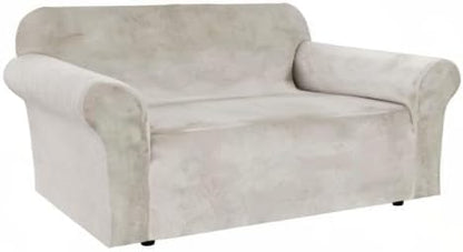 H.VERSAILTEX Stretch Velvet Loveseat Covers for 2 Cushion Couch Covers for Living Room Sofa Covers Slipcovers with Non Slip Straps Bottom, Ultra Thick Comfy Velour (Width 58"-72", Oatmeal)