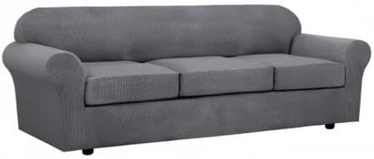 H.VERSAILTEX 4 Piece Stretch Sofa Covers for 3 Cushion Couch Covers for Living Room Furniture Slipcovers (Base Cover Plus 3 Seat Cushion Covers) Upgraded Thicker Jacquard Fabric (XL Sofa, Grey)
