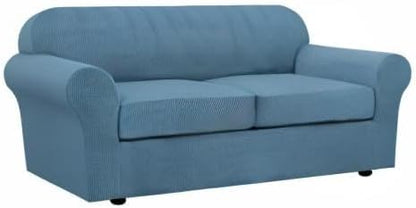 H.VERSAILTEX 3 Piece Stretch Sofa Covers for 2 Cushion Sofa Couch Covers for Living Room Furniture Cover (Base Cover Plus 2 Seat Cushion Covers) Thicker Jacquard Fabric(Large Sofa, Dusty Blue)