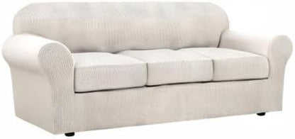 H.VERSAILTEX 4 Piece Stretch Couch Covers for 3 Cushion Couch Sofa Furniture Slipcovers Feature Upgraded Thicker Jacquard Fabric (Sofa, Ivory)