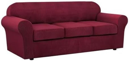 H.VERSAILTEX 4 Piece Stretch Sofa Covers for 3 Cushion Couch Covers for Living Room Furniture Slipcovers (Base Cover Plus 3 Seat Cushion Covers) Upgraded Thicker Jacquard Fabric (Sofa, Burgundy)