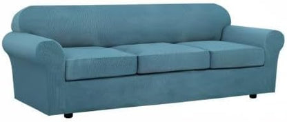 4 Piece Stretch Sofa Covers for 3 Cushion Couch Covers for Living Room Furniture Slipcovers (Base Cover Plus 3 Seat Cushion Covers) Upgraded Thicker Jacquard Fabric (XL Sofa, Storm Blue)