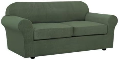 H.VERSAILTEX 3 Piece Stretch Sofa Covers for 2 Cushion Sofa Couch Covers for Living Room Furniture Cover (Base Cover Plus 2 Seat Cushion Covers) Thicker Jacquard Fabric(Large Sofa, Bronze Green)
