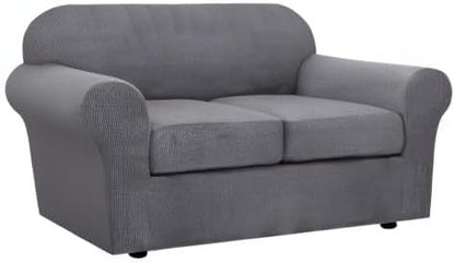 H.VERSAILTEX 3 Piece Stretch Sofa Covers for 2 Cushion Loveseat Couch Covers for Living Room Furniture Cover (Base Cover Plus 2 Seat Cushion Covers) Thicker Jacquard Fabric(Medium Sofa, Grey)
