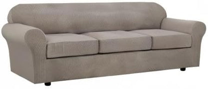 H.VERSAILTEX 4 Piece Stretch Sofa Covers for 3 Cushion Couch Covers for Living Room Furniture Slipcovers (Base Cover Plus 3 Seat Cushion Covers) Upgraded Thicker Jacquard Fabric (XL Sofa, Taupe)