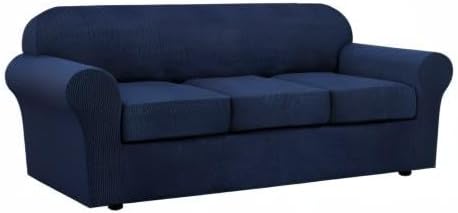 H.VERSAILTEX 4 Piece Stretch Sofa Covers for 3 Cushion Couch Covers for Living Room Furniture Slipcovers (Base Cover Plus 3 Seat Cushion Covers) Upgraded Thicker Jacquard Fabric (Sofa, Navy)