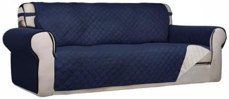 PureFit Reversible Quilted Sofa Cover, Water Resistant Slipcover Furniture Protector, Washable Couch Cover with Non Slip Foam and Elastic Straps for Kids, Dogs, Pets (Sofa, Navy/Ivory) Large