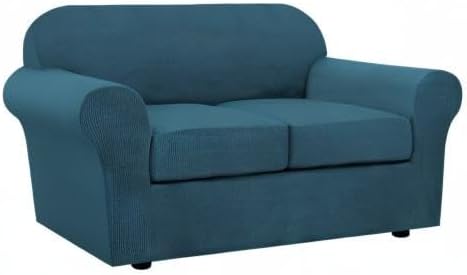 H.VERSAILTEX 3 Piece Stretch Sofa Covers for 2 Cushion Loveseat Couch Covers for Living Room Sofa Slipcovers (Base Cover Plus 2 Seat Cushion Covers) Thicker Jacquard Fabric(Medium Sofa, Deep Teal)