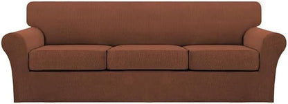 Turquoize 4 Piece Sofa Covers for 3 Cushion Couch Sofa Slipcover Soft Couch Cover for Dogs Washable Furniture Cover with 3 Individual Large Cushion Covers Feature Fabric (Large Sofa, Caramel)