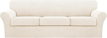 Turquoize 4 Piece Sofa Covers for 3 Cushion Couch Sofa Slipcover Soft Couch Cover for Dogs Washable Furniture Cover with 3 Individual Large Cushion Covers Feature Fabric (Large Sofa, Cream)