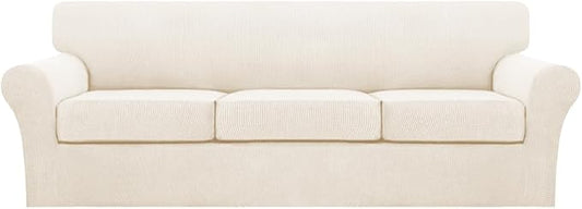 Turquoize 4 Piece Sofa Covers for 3 Cushion Couch Sofa Slipcover Soft Couch Cover for Dogs Washable Furniture Cover with 3 Individual Large Cushion Covers Feature Fabric (Large Sofa, Cream)