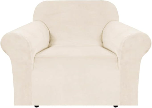 H.VERSAILTEX Stretch Velvet Armchair Cover Couch Covers 1 Cushion Chair Slipcover for Living Room Furniture Cover Crafted from Thick Comfy Rich Velour (Chair 31"-49", Cream)