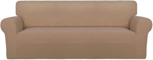 PureFit Super Stretch Sofa Slipcover – Spandex Non Slip Soft Couch Sofa Cover, Washable Furniture Protector with Non Skid Foam and Elastic Bottom for Kids, Pets （Oversized Sofa, Camel）