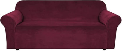 H.VERSAILTEX Stretch Velvet Sofa Covers for 3 Cushion Couch Covers Furniture Protector Soft with Non Slip Elastic Bottom, Crafted from Thick Comfy Rich Velour (Large Sofa 90"-97", Burgundy)