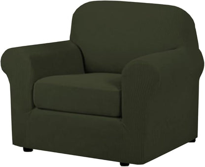 H.VERSAILTEX 2 Piece Couch Cover Stretch Stylish Chair Cover Furniture Cover/Protector Featuring Jacquard Textured Twill Fabric, High Spandex Slipcover Machine Washable (Chair, Olive)