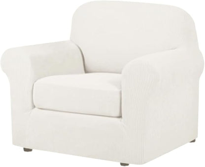 H.VERSAILTEX 2 Piece Couch Cover Stretch Stylish Chair Cover Furniture Protector Featuring Jacquard Textured Twill Fabric High Spandex Slipcover (Chair, Porcelain White)