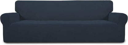 Easy-Going Stretch 4 Seater Sofa Slipcover 1-Piece Sofa Cover Furniture Protector Couch Soft with Elastic Bottom for Kids, Polyester Spandex Jacquard Fabric Small Checks Dark Blue